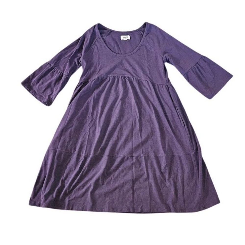 Pact Organic Cotton Babydoll Dress Purple XS Tiered Pocket Mini Bell Sleeve